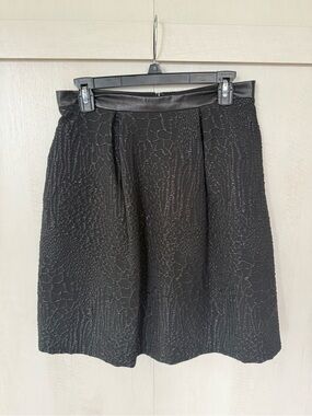 Nicole Miller Artelier Black Embossed Shimmer Jacquard Skirt Leather Waist Sz 8